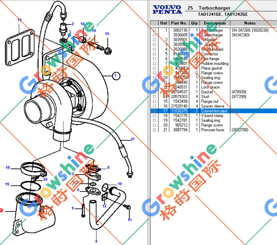 沃尔沃TWD1240VE，TAD1241GE，TAD1242GE增压器进气管11030375